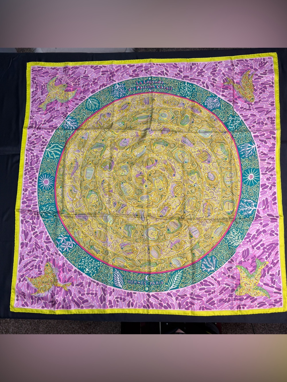 Hermes Silk Scarf Pink Yellow Green Fish La Legende Du Poisson Corail Coral